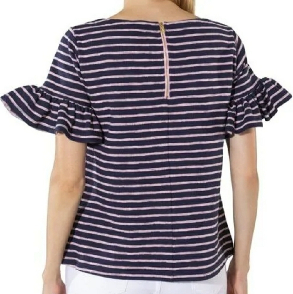 Sail to Sable Navy Blue Pink Stripe Ruffle Sleeve French Terry Blouse Medium - Picture 4 of 12